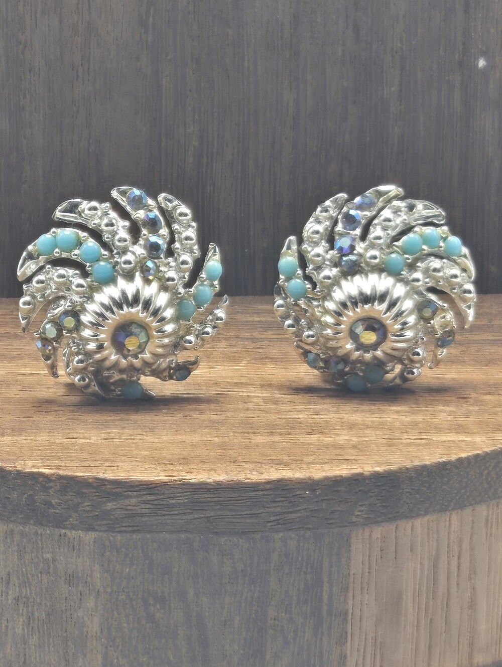 60's AB Crystal Faux Turquoise Earrings Clip-On Silver Tone Stud Fashion Costume